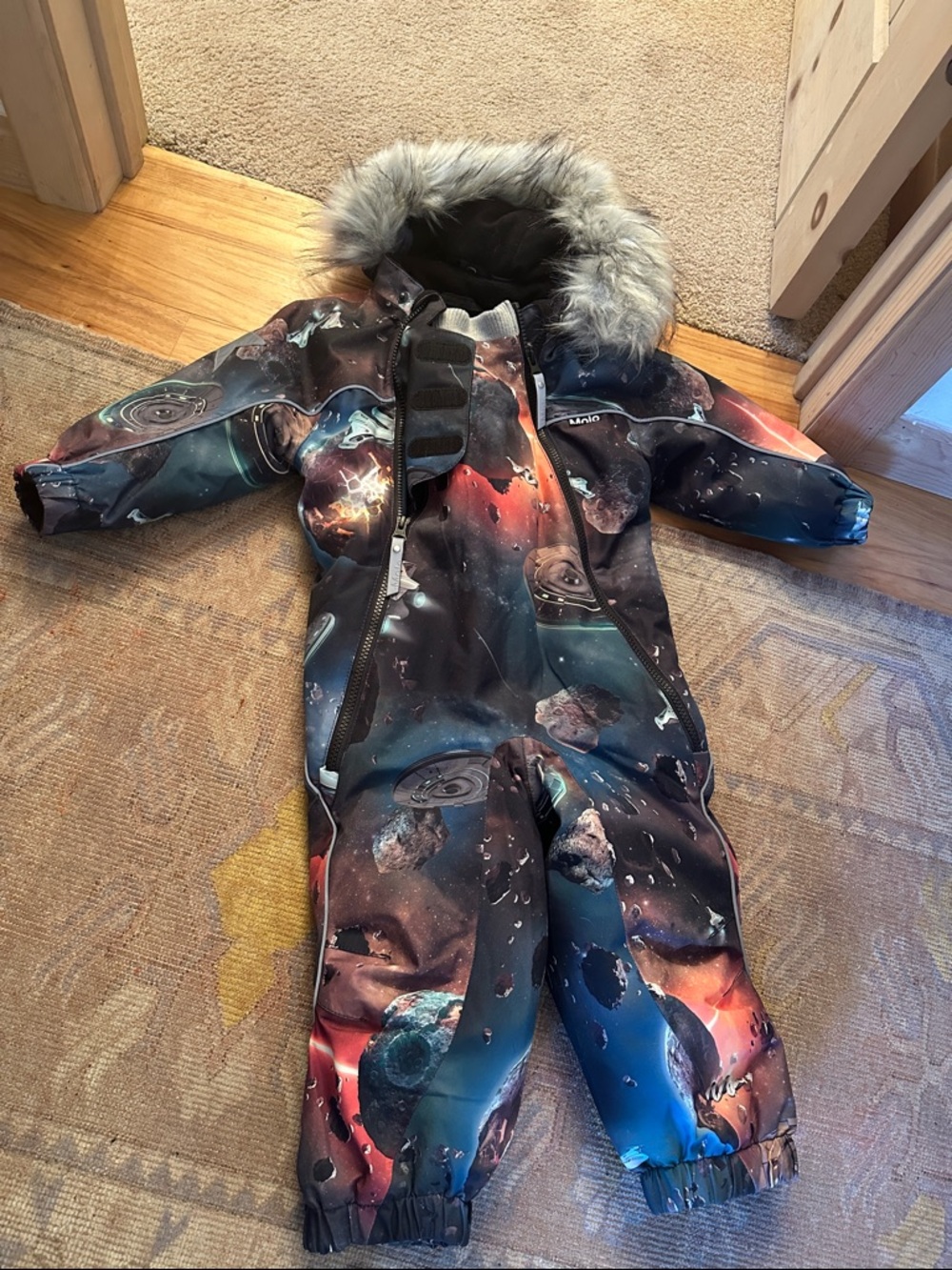 Molo Kids Galaxy Puffer Snowsuit in Black, Blue, Red